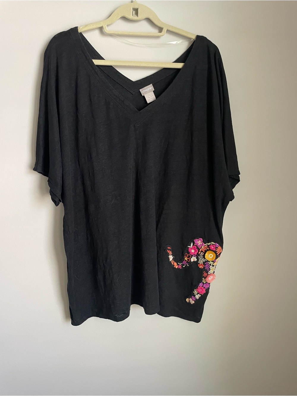 Chico's Black V-Neck Tunic with Bright Floral Embroidery